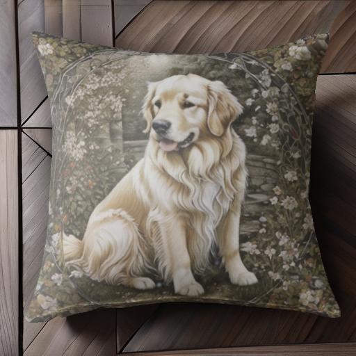 花 ゴールデンレトリバー 自然 庭 花柄 アート クッションカバー 犬柄 45×45cm アニマル柄 おしゃれ 可愛い クッション本体付き 正方形