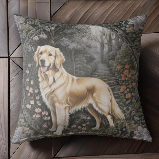 花 ゴールデンレトリバー 木 階段 森 蝶 クッションカバー 犬柄 45×45cm アニマル柄 おしゃれ 可愛い クッション本体付き 正方形