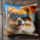 サングラス ポメラニアン ビーチ パラソル 青空 Tシャツ クッションカバー 犬柄 45×45cm アニマル柄 おしゃれ 可愛い クッション本体付き 正方形