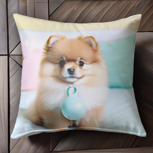 ベッド ポメラニアン 子犬 青いクッション ピンクのクッション Tシャツ クッションカバー 犬柄 45×45cm..