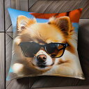 サングラス ポメラニアン ビーチ パラソル 夏 太陽 クッションカバー 犬柄 45×45cm アニマル柄 おしゃれ 可愛い クッション本体付き 正方形