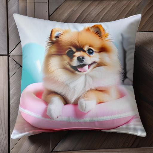 風船 ポメラニアン ピンクの浮き輪 可愛い 犬 室内 クッションカバー 犬柄 45×45cm アニマル柄 おしゃれ クッション本体付き 正方形