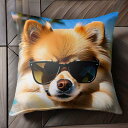 サングラス ポメラニアン プール 青空 パームツリー 休暇 クッションカバー 犬柄 45×45cm アニマル柄 おしゃれ 可愛い クッション本体付き 正方形