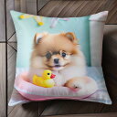 ゴム製のアヒル ポメラニアン ピンクの浮き輪 星の飾り Tシャツ メンズ クッションカバー 犬柄 45×45cm アニマル柄 おしゃれ 可愛い クッション本体付...