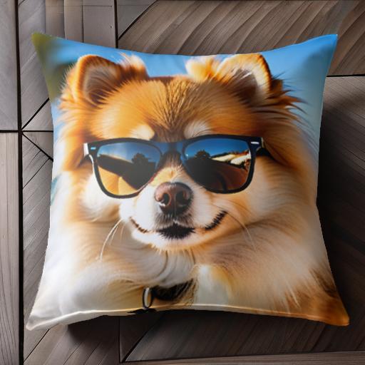 サングラス ポメラニアン 洒落た犬 夏 ビーチ Tシャツ クッションカバー 犬柄 45×45cm アニマル柄 おしゃれ 可愛い クッション本体付き 正方形