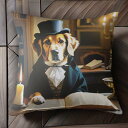 シルクハット ビーグル 読書 キャンドル 貴族風の服 本棚 クッションカバー 犬柄 45×45cm アニマル柄 おしゃれ 可愛い クッション本体付き 正方形