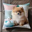 おもちゃのアヒル ポメラニアン 枕 ベッド Tシャツ メンズ クッションカバー 犬柄 45×45cm アニマル柄 おしゃれ 可愛い クッション本体付き 正方形
