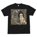 古い建物 ゴールデンレトリバー ゴシック建築 花 壁の蔦 窓 Tシャツ メンズ キッズ 犬ファン 半袖 春夏 プリント カジュアル かわいい 人間用