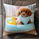 アヒルのおもちゃ トイプードル クッション ベビーブルーのバンダナ 部屋 Tシャツ クッションカバー 犬柄 45×45cm アニマル柄 おしゃれ 可愛い クッション本体付き 正方形|詳細画像