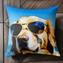 サングラス ゴールデンレトリバー 青空 海 Tシャツ メンズ クッションカバー 犬柄 45×45cm アニマル柄 おしゃれ 可愛い クッション本体付き 正方形