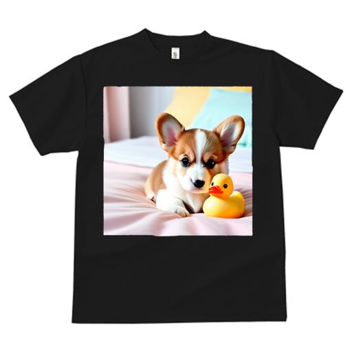 ベッド コーギー ラバーダック ピンクのシーツ 枕 Tシャツ メンズ キッズ 犬ファン 半袖 春夏 プリント..