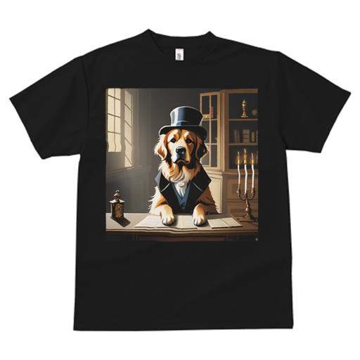 シルクハット ゴールデンレトリバー 本 書棚 燭台 窓 Tシャツ メンズ キッズ 犬ファン 半袖 春夏 プリ..