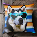 サングラス シベリアンハスキー 虹色の背景 カラフルなストライプ Tシャツ メンズ クッションカバー 犬柄 45×45cm アニマル柄 おしゃれ 可愛い クッシ...