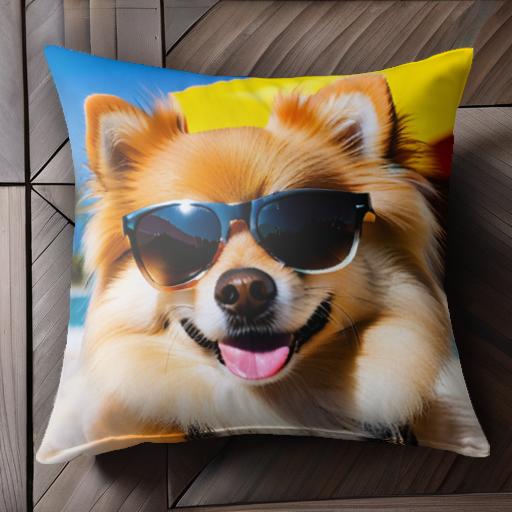 サングラス ポメラニアン ビーチ ヤシの木 青空 カラフルなパラソル クッションカバー 犬柄 45×45cm ア..