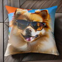 サングラス ポメラニアン ビーチ パラソル 晴れ クッションカバー 犬柄 45×45cm アニマル柄 おしゃれ 可愛い クッション本体付き 正方形