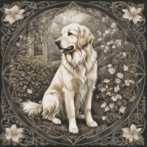 庭園 ゴールデンレトリバー 花 アールヌーボー 古典的 自然 クッションカバー 犬柄 45×45cm アニマル柄 おしゃれ 可愛い クッション本体付き 正方形
