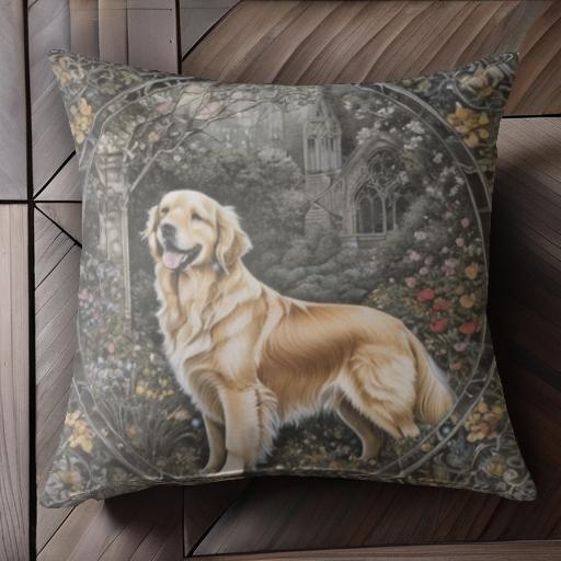 庭園 ゴールデンレトリバー お城 花 カラフルな背景 犬 クッションカバー 犬柄 45×45cm アニマル柄 おしゃれ 可愛い クッション本体付き 正方形