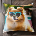 サングラス ポメラニアン プール 椅子 夏 ビーチパラソル クッションカバー 犬柄 45×45cm アニマル柄 おしゃれ 可愛い クッション本体付き 正方形