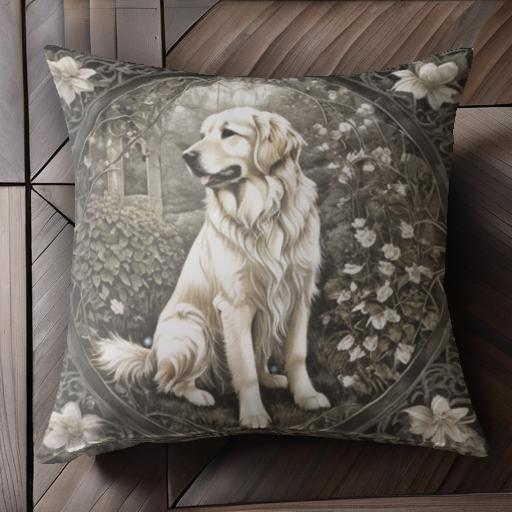 庭園 ゴールデンレトリバー 花 アールヌーボー 古典的 自然 クッションカバー 犬柄 45×45cm アニマル柄 おしゃれ 可愛い クッション本体付き 正方形