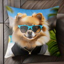 サングラス ポメラニアン ビーチボール ヤシの木 バンガロー 青空 クッションカバー 犬柄 45×45cm アニマル柄 おしゃれ 可愛い クッション本体付き 正方形