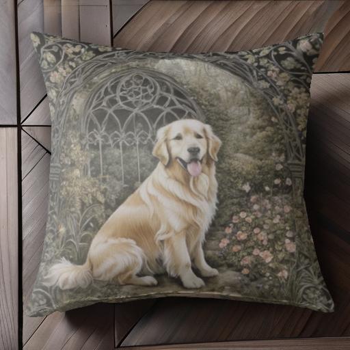 バラの花 ゴールデンレトリバー アーチ 庭園 花 自然 クッションカバー 犬柄 45×45cm アニマル柄 おしゃれ 可愛い クッション本体付き 正方形