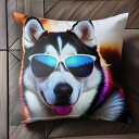 サングラス シベリアンハスキー 夕日 笑顔 レインボーカラー クッションカバー 犬柄 45×45cm アニマル柄 おしゃれ 可愛い クッション本体付き 正方形