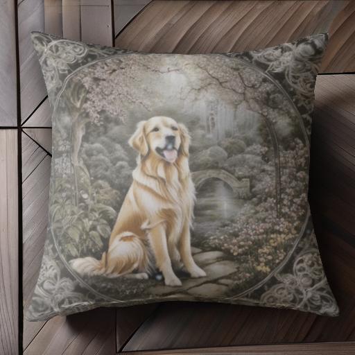 桜 ゴールデンレトリバー 庭園 橋 花 石畳 クッションカバー 犬柄 45×45cm アニマル柄 おしゃれ 可愛い クッション本体付き 正方形 桜 ゴールデンレトリバー 庭園 橋 花 石畳 クッションカバー 犬柄 45×45cm アニマル柄 おしゃれ 可愛い クッション本体付き 正方形