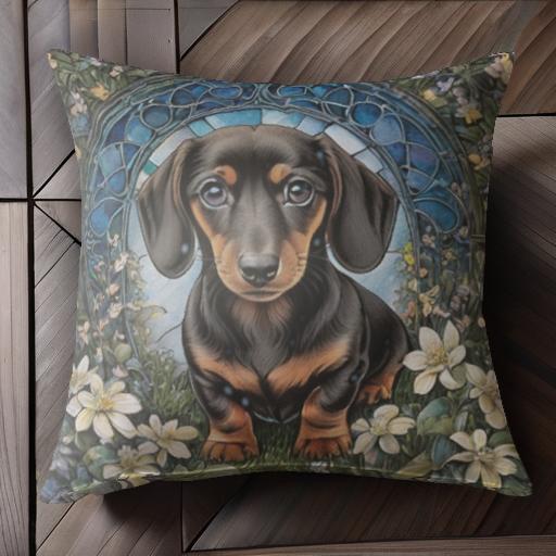 花 ダックスフント ステンドグラス 草 クッションカバー 犬柄 45×45cm アニマル柄 おしゃれ 可愛い クッション本体付き 正方形