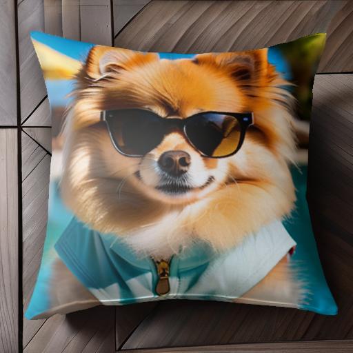 サングラス ポメラニアン プール 青いベスト 南国 クッションカバー 犬柄 45×45cm アニマル柄 おしゃれ 可愛い クッション本体付き 正方形