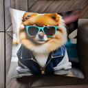 サングラス ポメラニアン ジャケット 都市 タクシー クッションカバー 45×45cm アニマル柄 おしゃれ 可愛い クッション本体付き 正方形