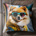 サングラス ポメラニアン フード付きパーカー ストライプ柄Tシャツ 屋外 クッションカバー 45×45cm アニマル柄 おしゃれ 可愛い クッション本体付き 正方形