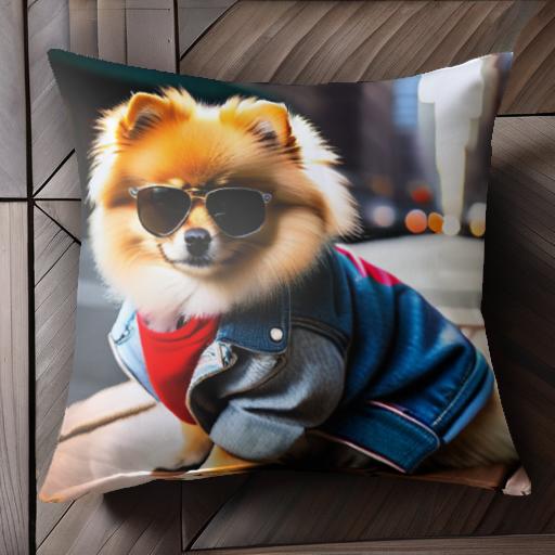 サングラス ポメラニアン ジャケット 街 テーブル クッションカバー 45×45cm アニマル柄 おしゃれ 可愛い クッション本体付き 正方形