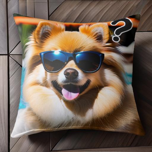 サングラス ポメラニアン プールサイド 晴れた天気 オレンジのパラソル 質問マーク クッションカバー 4..