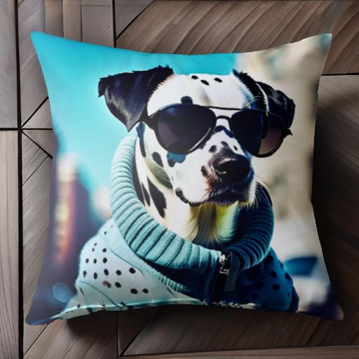 サングラス ダルメシアン 青いパーカー 街 建物 ファッション クッションカバー 45×45cm アニマル柄 お..