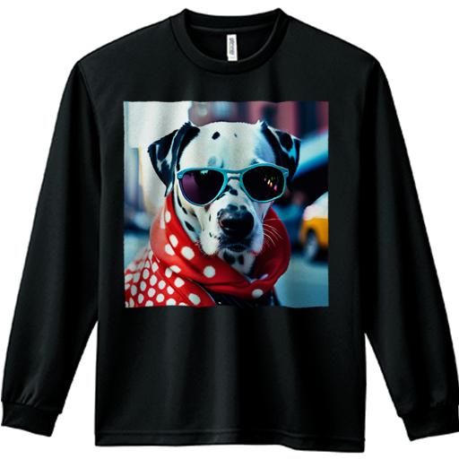 サングラス ダルメシアン 赤い洋服 ドットパターン 街 タクシー 長袖Tシャツ 人間用 メンズ 秋春夏 プリント レジャー アウトドア カジュアル かわいい