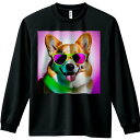 サングラス コーギー ピンクと緑のバックグラウンド 笑顔の犬 長袖Tシャツ 人間用 メンズ 秋春夏 プリント レジャー アウトドア カジュアル かわいい