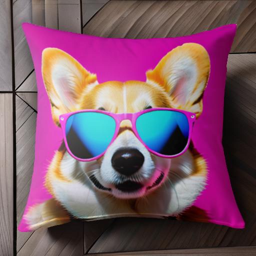 サングラス コーギー ピンクの背景 クッションカバー 45×45cm アニマル柄 おしゃれ 可愛い クッション本体付き 正方形