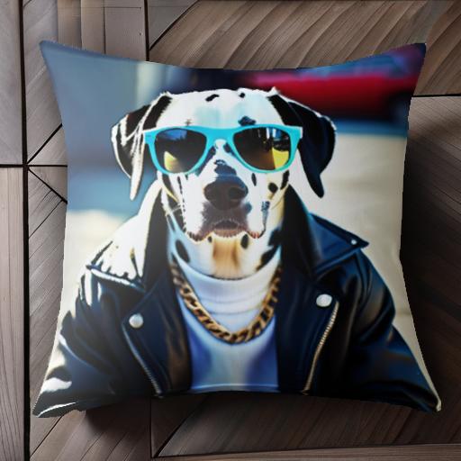 サングラス ダルメシアン レザージャケット ゴールドチェーン クッションカバー 45×45cm アニマル柄 おしゃれ 可愛い クッション本体付き 正方形