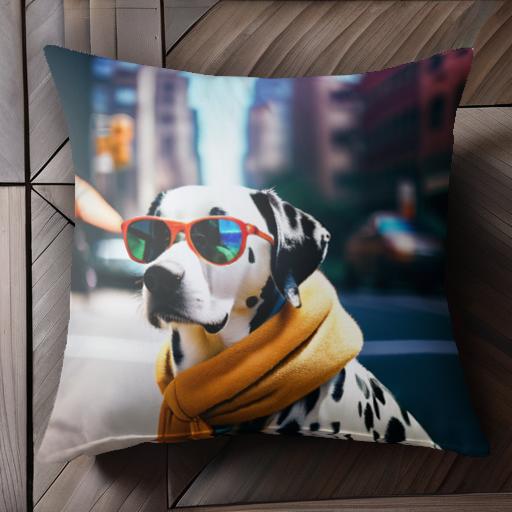 サングラス ダルメシアン マフラー 都市 建物 道路 クッションカバー 45×45cm アニマル柄 おしゃれ 可愛い クッション本体付き 正方形