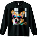 サングラス ウェルシュコーギー 舌を出した 笑顔 ドア 長袖Tシャツ 人間用 メンズ 秋春夏 プリント レジャー アウトドア カジュアル かわいい