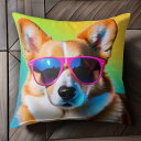 サングラス ウェルシュコーギー レインボー背景 カラフル クッションカバー 45×45cm アニマル柄 おしゃれ 可愛い クッション本体付き 正方形