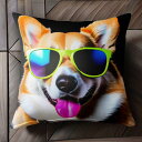 サングラス ウェルシュコーギー ピンクの舌 カラフル クッションカバー 45×45cm アニマル柄 おしゃれ 可愛い クッション本体付き 正方形