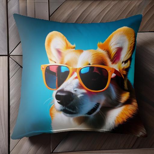 サングラス コーギー 青い背景 クッションカバー 45×45cm アニマル柄 おしゃれ 可愛い クッション本体付き 正方形