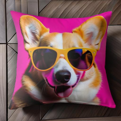 サングラス コーギー ピンクの背景 幸せ 可愛い クッションカバー 45×45cm アニマル柄 おしゃれ クッション本体付き 正方形