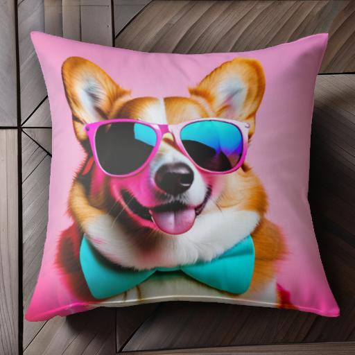 サングラス ウェルシュコーギーペンブローク 蝶ネクタイ ピンクの背景 ワンちゃん カラフル クッションカバー 45×45cm アニマル柄 おしゃれ 可愛い クッション本体付き 正方形