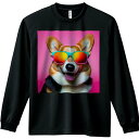 長袖Tシャツ 人間用 メンズ 秋春夏 プリント レジャー アウトドア カジュアル かわいい サングラス コーギー ピンクの背景 笑顔の犬