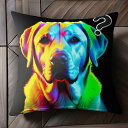 レインボーカラー ラブラドールレトリバー 犬 アート クエスチョンマーク 光沢 クッションカバー 45×45cm アニマル柄 おしゃれ 可愛い クッション本体付き 正方形