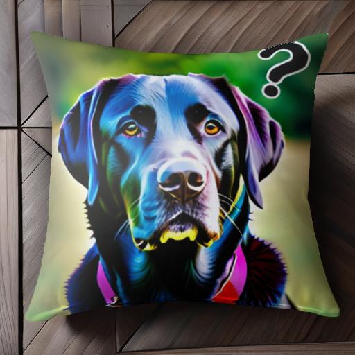 カラフルな背景 ラブラドールレトリバー 赤い首輪 クエスチョンマーク クッションカバー 45×45cm アニマル柄 おしゃれ 可愛い クッション本体付き 正方形