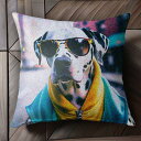 サングラス ダルメシアン ジャケット 黄色 青 都市 クッションカバー 45×45cm アニマル柄 おしゃれ 可愛い クッション本体付き 正方形