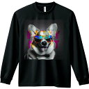 長袖Tシャツ 人間用 メンズ 秋春夏 プリント レジャー アウトドア カジュアル かわいい サングラス ウェルシュコーギー パーティー 犬 カラフル